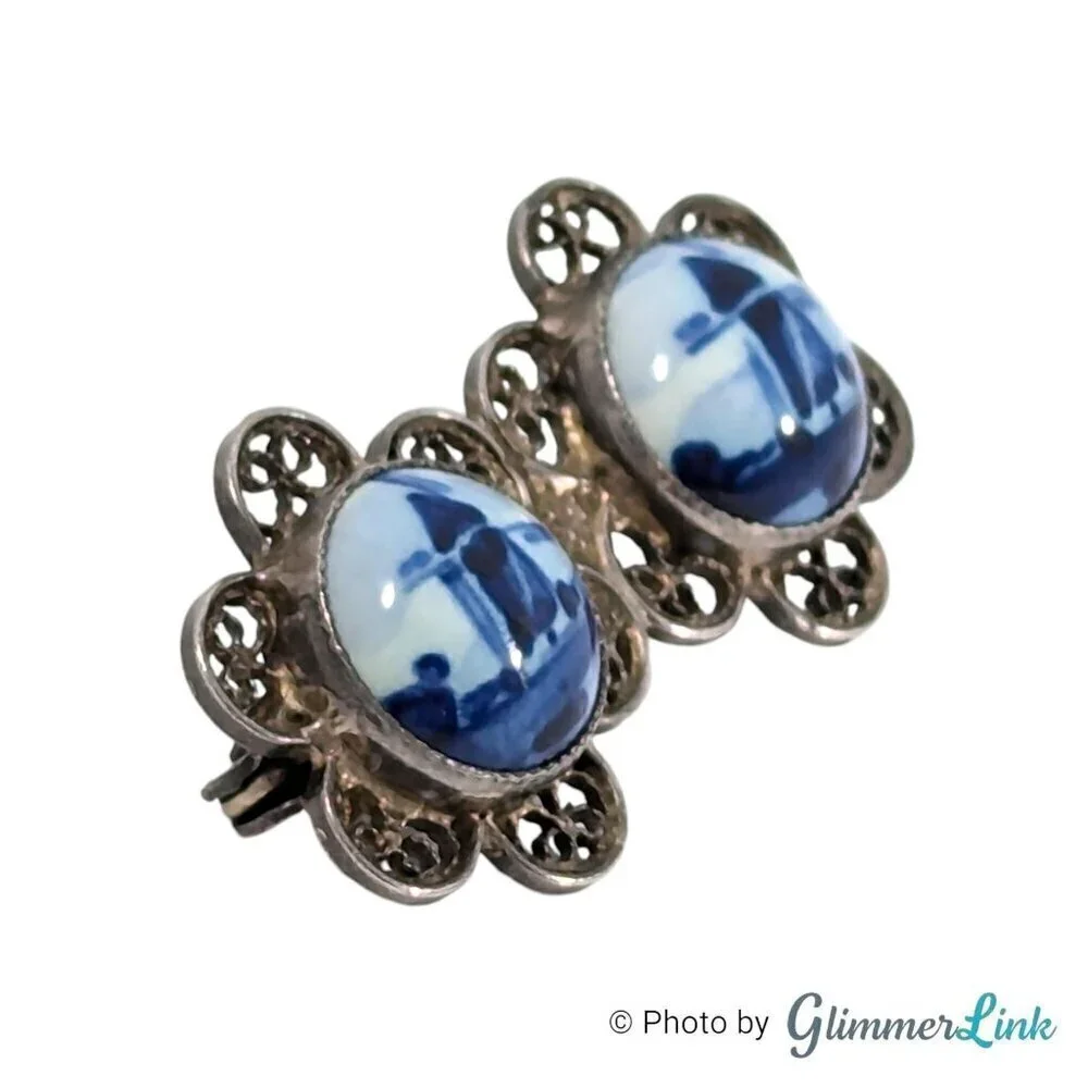 VTG Double Blue Windmill Delft Porcelain Filigree Flower Sterling Silver Brooch